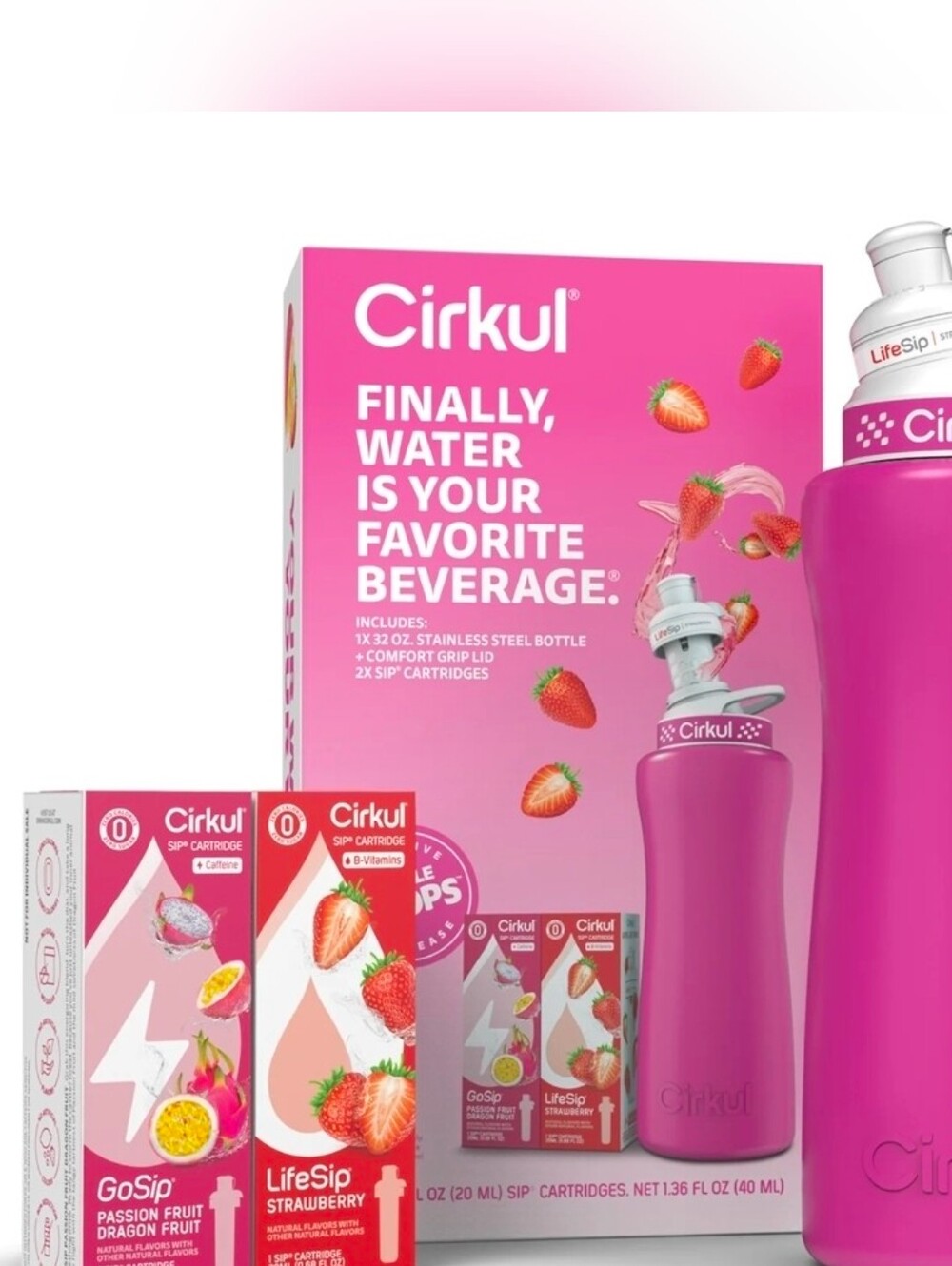 Cirkul Pink Stainless Bottle & Flavor Kit